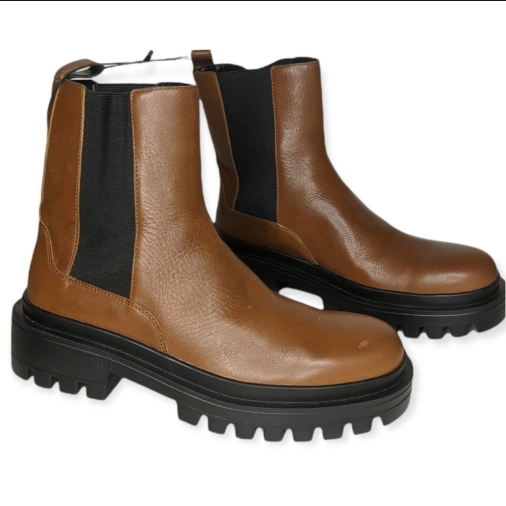 New |Zara Brown Blogger's Favorite Real Leather Lug Sole  Combat Boots size 9